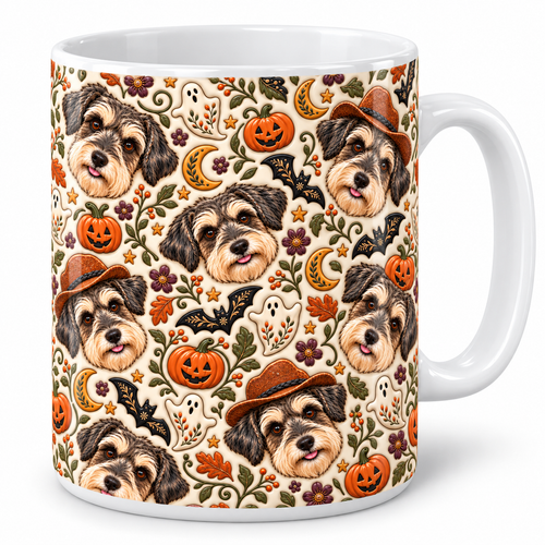 Custom Dog Photo Mug – Halloween Folk Art Pattern | Sipengrave