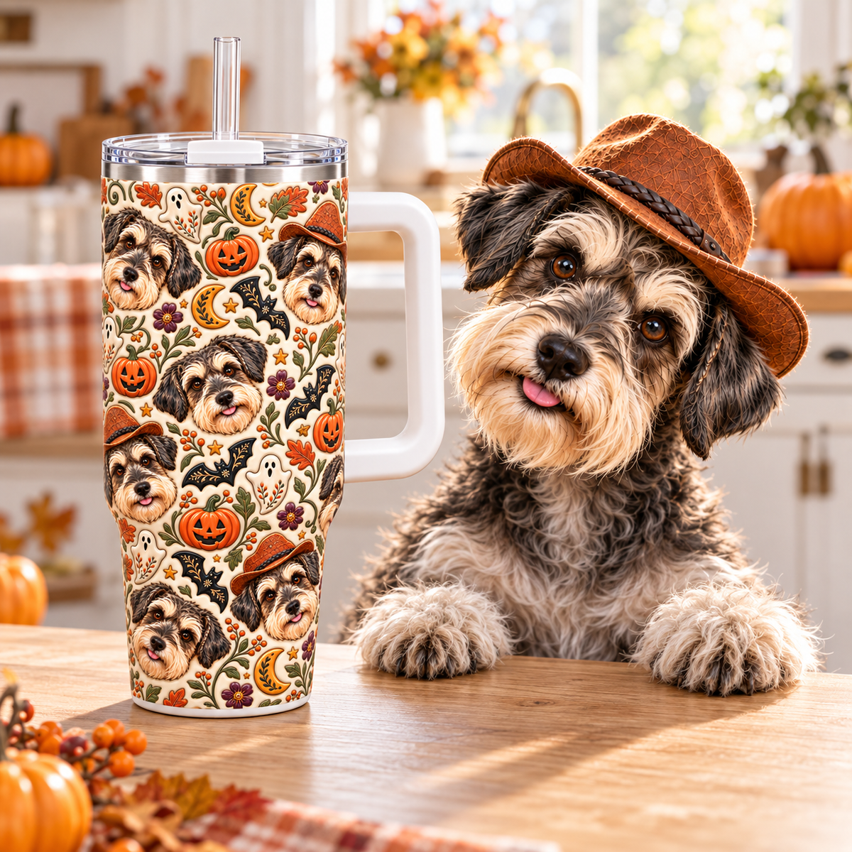 Daisy the Miniature Schnauzer wearing a brown cowboy hat beside the matching Halloween dog portrait tumbler