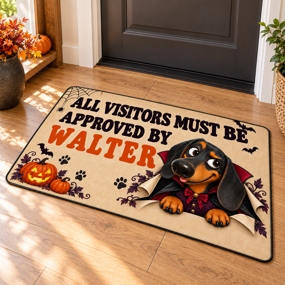 Sipengrave custom dog name Dachshund Halloween doormat on an oak entryway floor with Halloween decor.