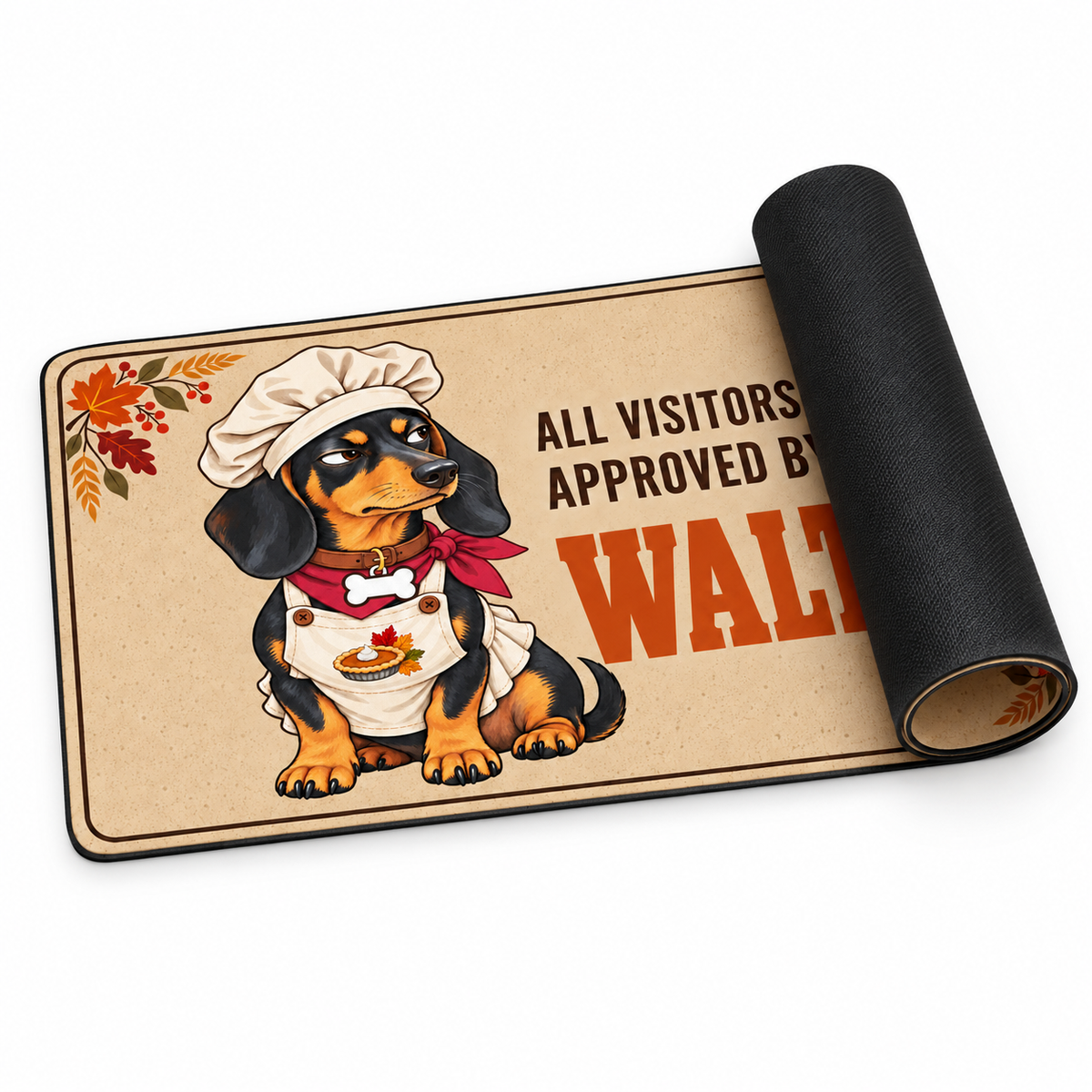 Partially rolled Sipengrave personalized Dachshund Thanksgiving doormat with the Walter design partly hidden by the roll