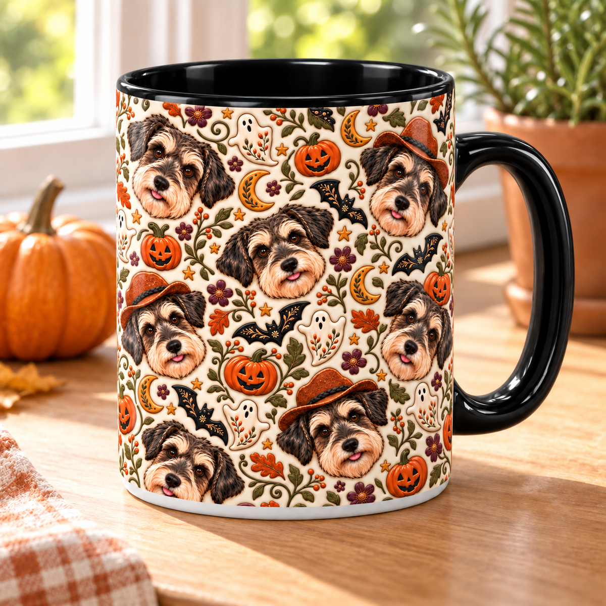 Black accent Halloween dog portrait mug beside a sunny kitchen window, pumpkin and rosemary