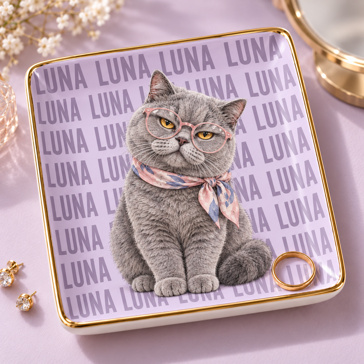 Luna British Shorthair cat wearing pink glasses and scarf on a lavender personalized jewelry dish