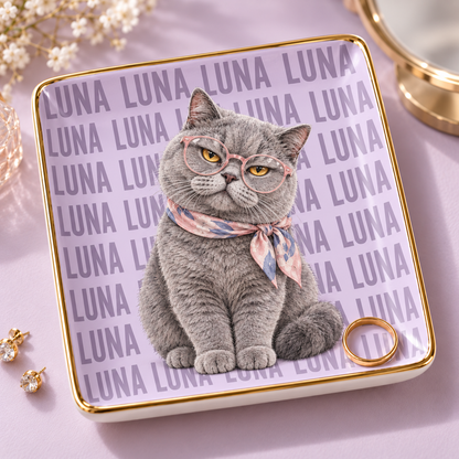 Luna British Shorthair cat wearing pink glasses and scarf on a lavender personalized jewelry dish