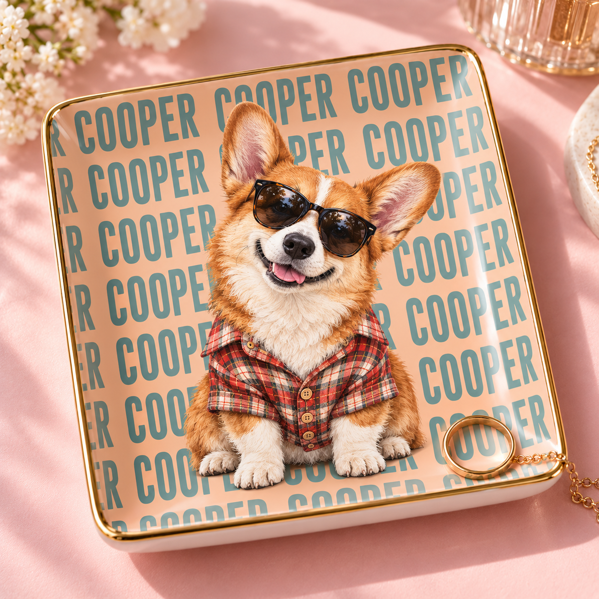 Cooper Corgi in sunglasses and plaid shirt on a peach and teal personalized jewelry dish