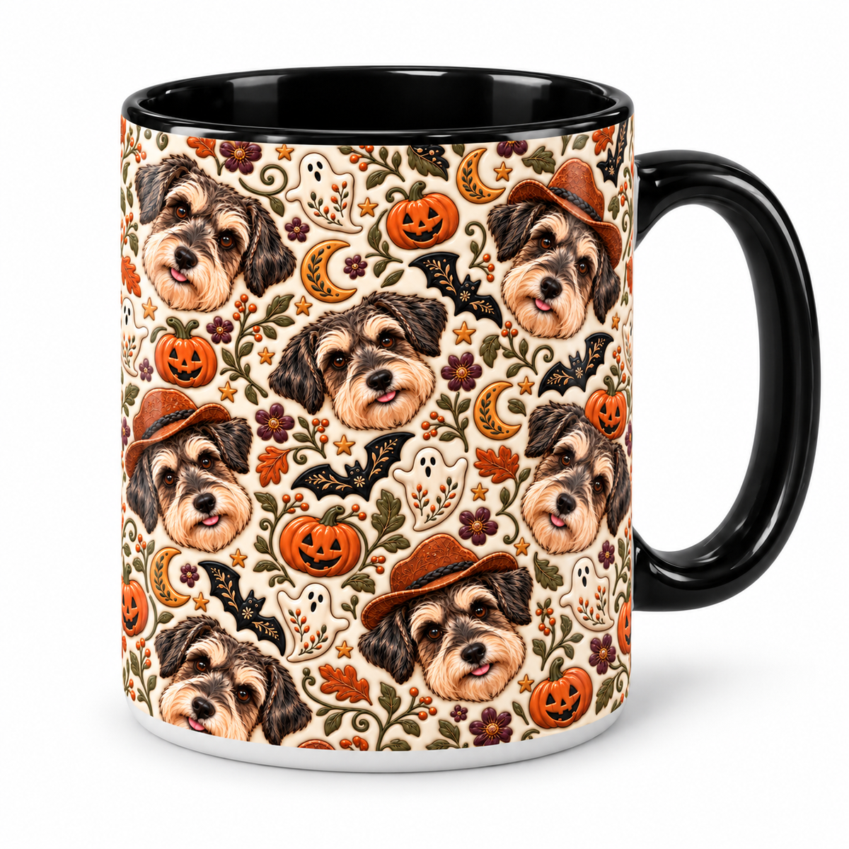 Black accent custom dog photo mug with black handle and interior, full-wrap Daisy Halloween folk art print, on a white background