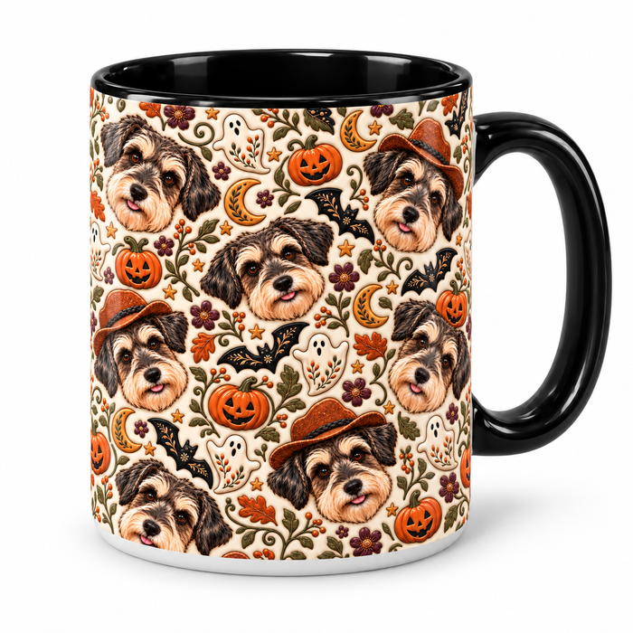 Black accent custom dog photo mug with black handle and interior, full-wrap Daisy Halloween folk art print, on a white background