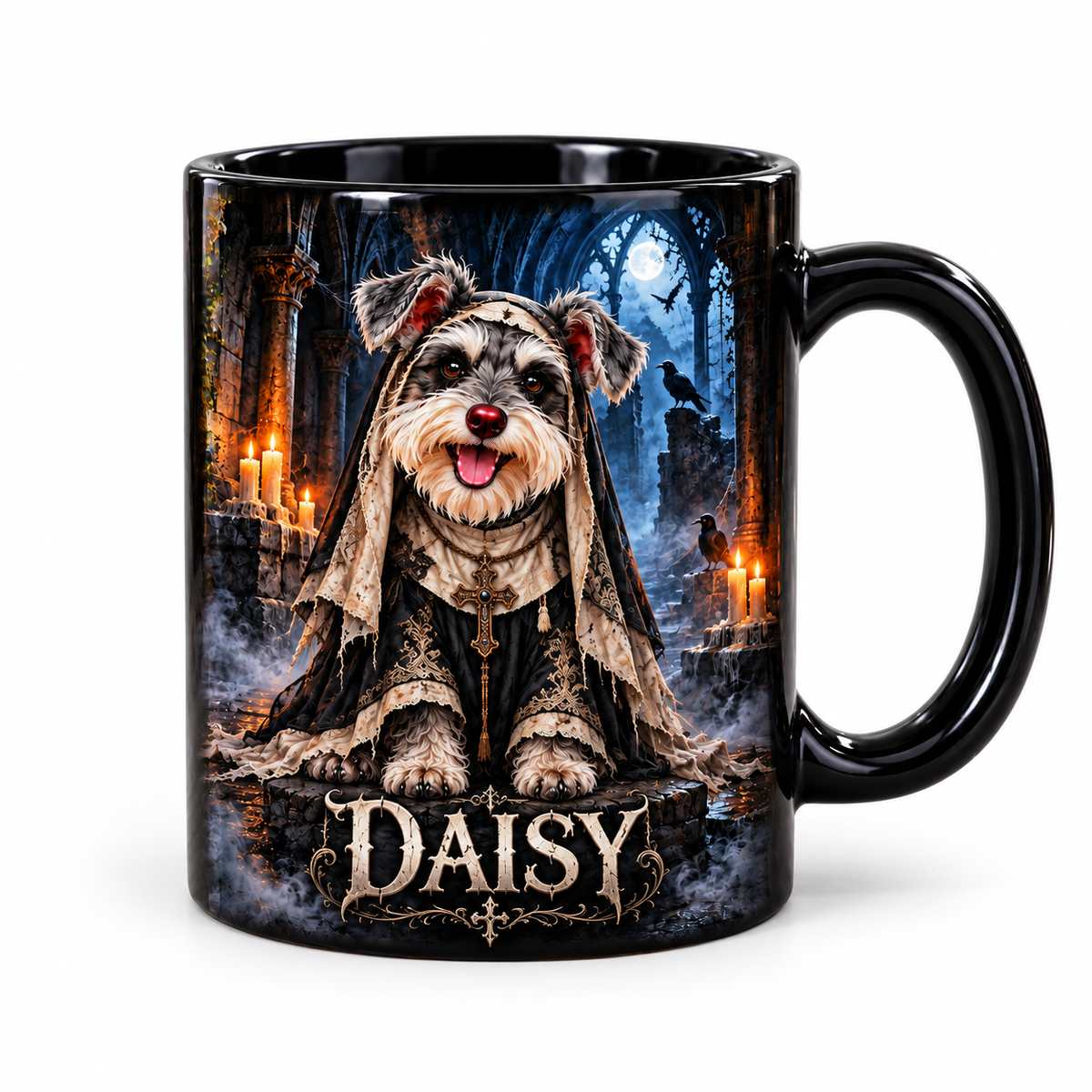 Black ceramic custom dog photo mug on a white background, with Daisy's Ghostly Abbey Sister portrait