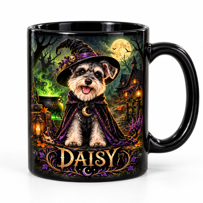 Black ceramic custom dog photo mug on a white background, showing Daisy's Haunted Witch portrait and name