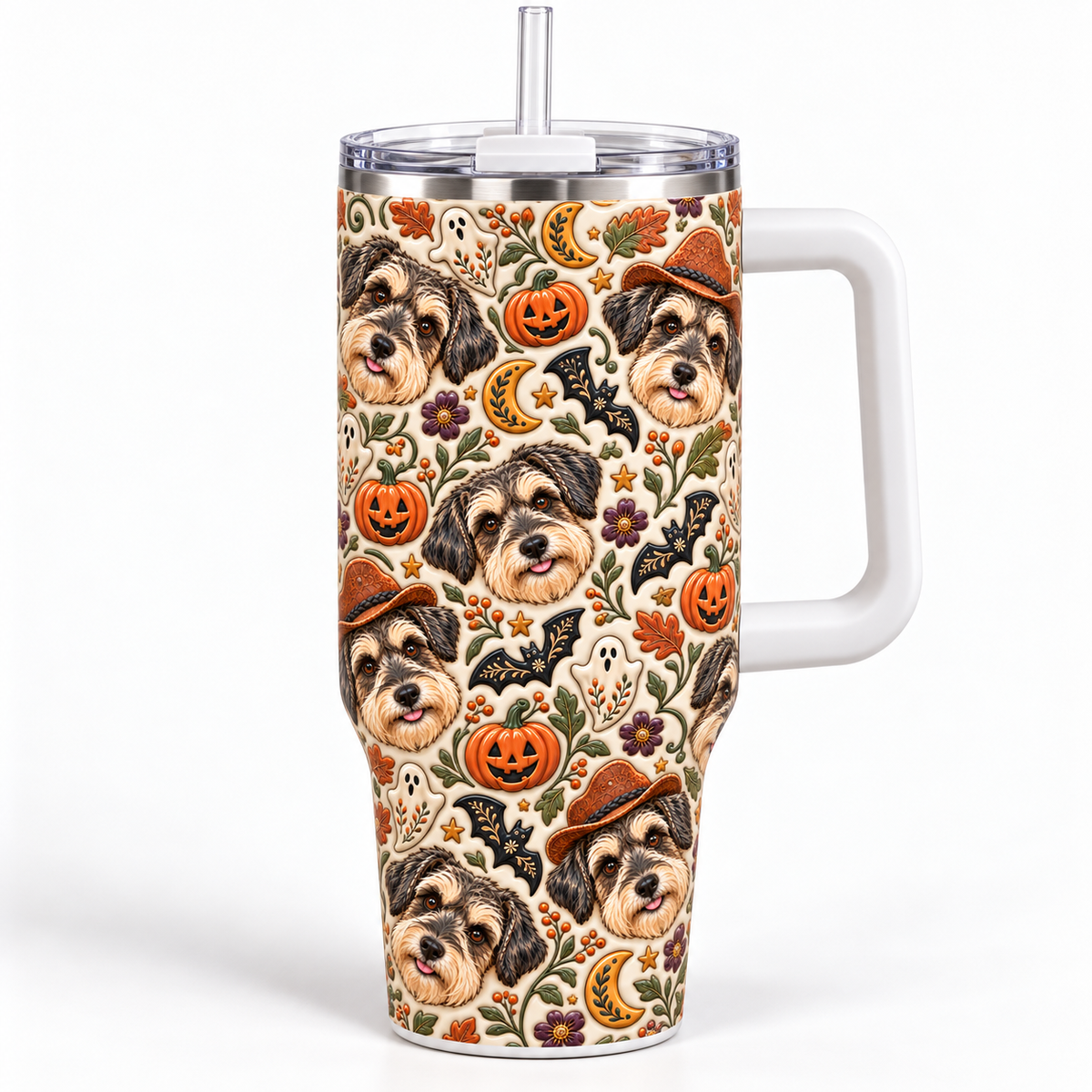 40 oz custom dog photo tumbler with a white handle and full-wrap Halloween folk art pattern, Daisy portrait example