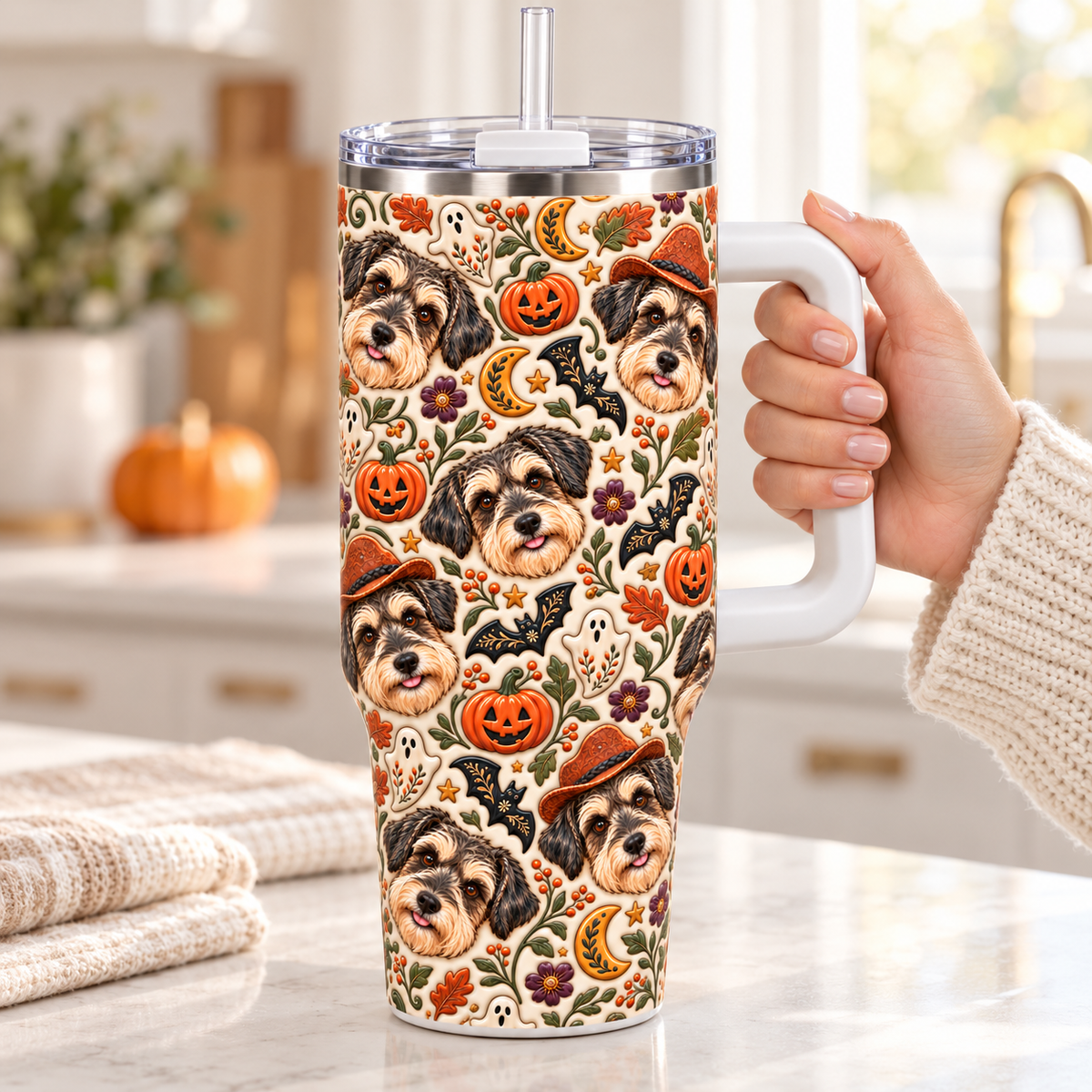 A woman holding the white handle of a 40 oz custom dog photo tumbler with Halloween folk art print