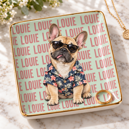 Louie French Bulldog wearing sunglasses and a Hawaiian shirt on a mint and coral personalized jewelry dish
