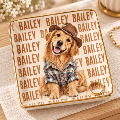 Bailey Golden Retriever wearing a cowboy hat on an ivory and caramel personalized jewelry dish