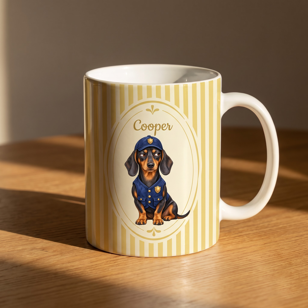 A ceramic mug with a cream and yellow vertical stripe pattern, featuring an illustration of a dachshund in a police uniform and the name 'Cooper' printed above it. The mug is placed on a wooden table in warm, direct sunlight.