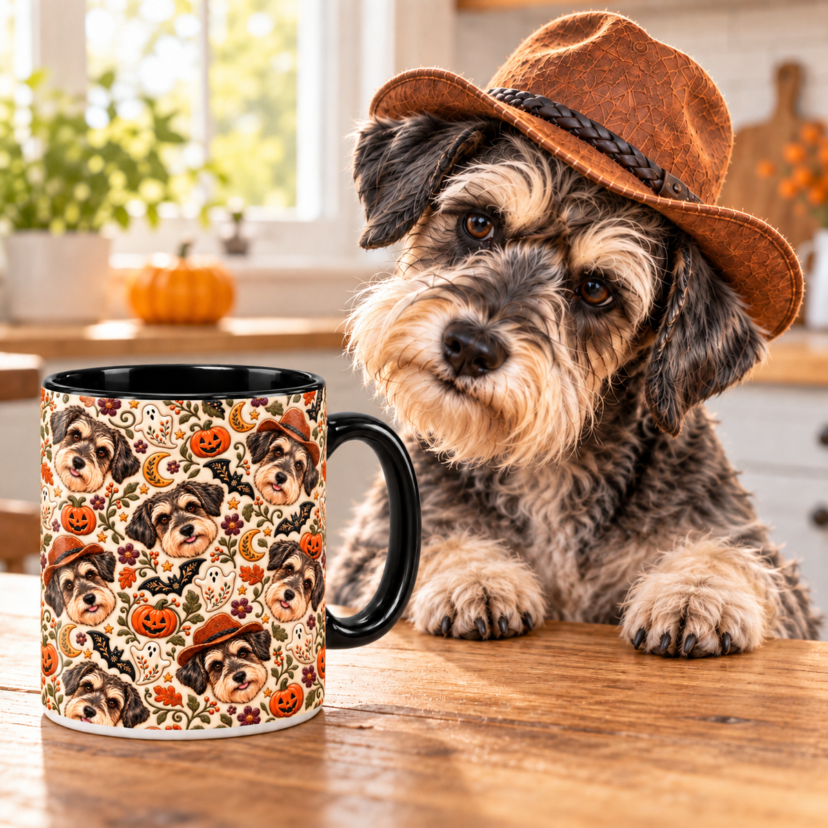 Daisy the Miniature Schnauzer in a cowboy hat beside a black accent mug printed with her Halloween folk art portraits