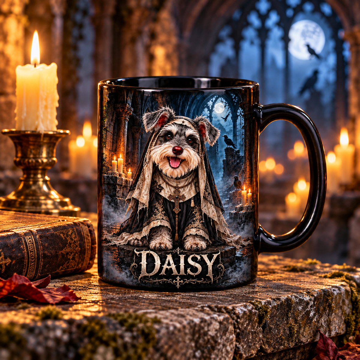 Black ceramic Ghostly Abbey Sister dog photo mug displayed on a stone pedestal beside candles