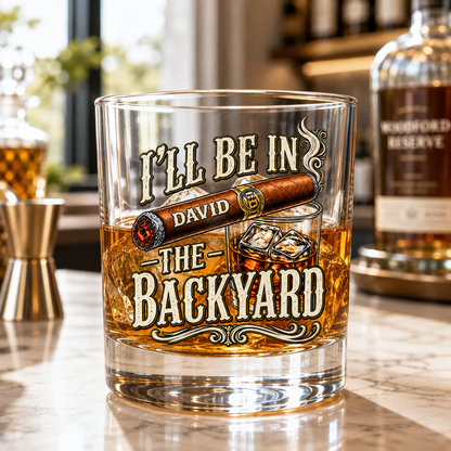 Funny gift for men whiskey glass close-up with personalized David backyard cigar design