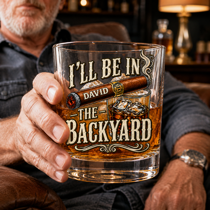 Funny gift for men whiskey glass held by an older man relaxing on a sofa, personalized David backyard design