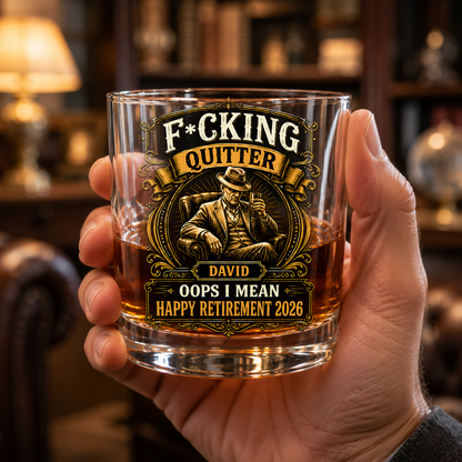 Funny retirement gift for dad whiskey glass held by hand in a warm blurred study background, personalized David Happy Retirement 2026