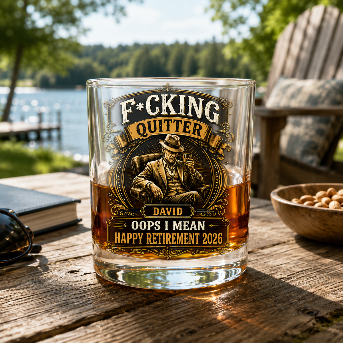 Funny retirement gift for dad whiskey glass outdoors by a lake, personalized David Happy Retirement 2026