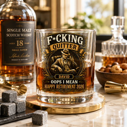Funny retirement gift for dad whiskey glass in a luxury whiskey still life, personalized David Happy Retirement 2026