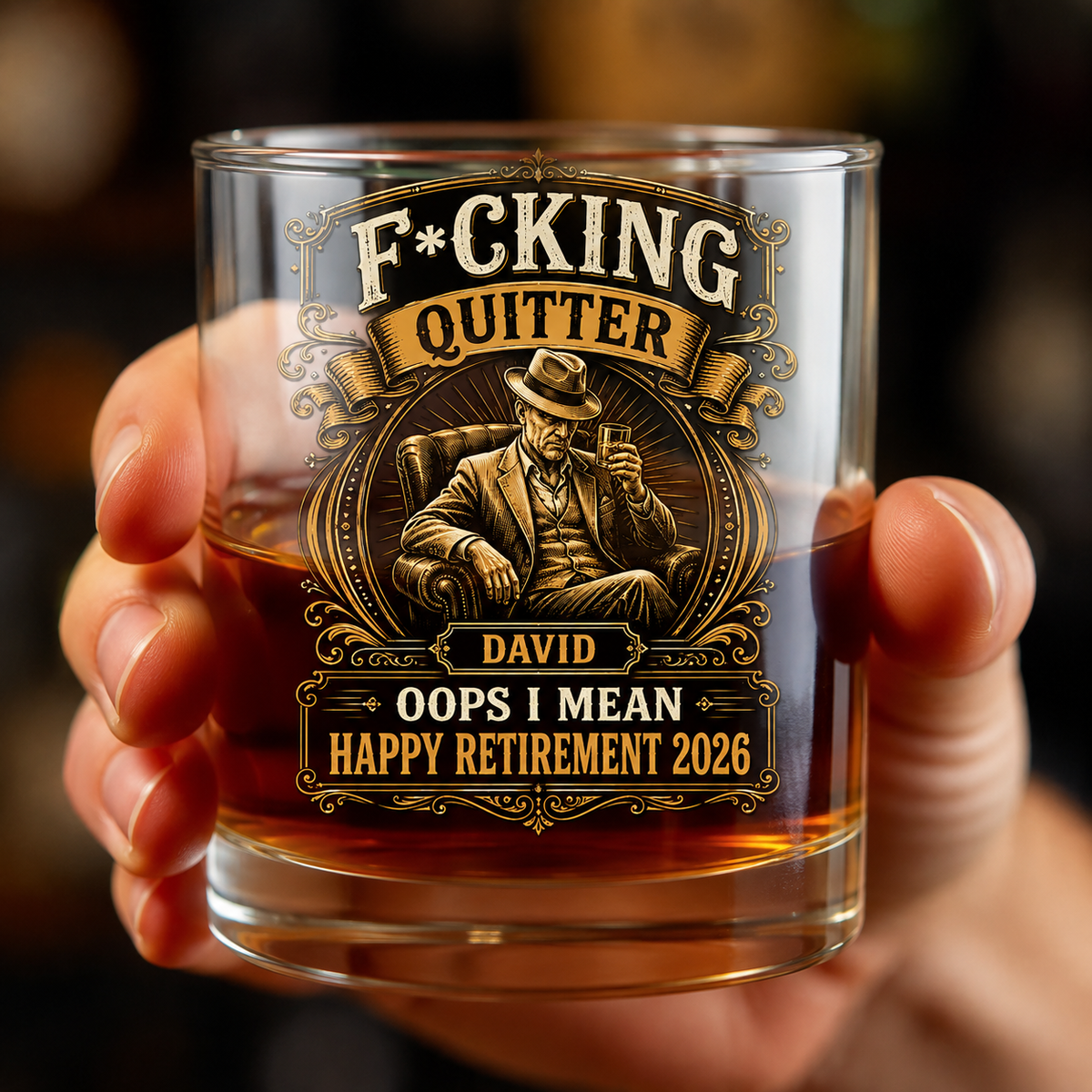 Funny retirement gift for dad from SipEngrave, a whiskey glass reading Quitter, I Mean Happy Retirement