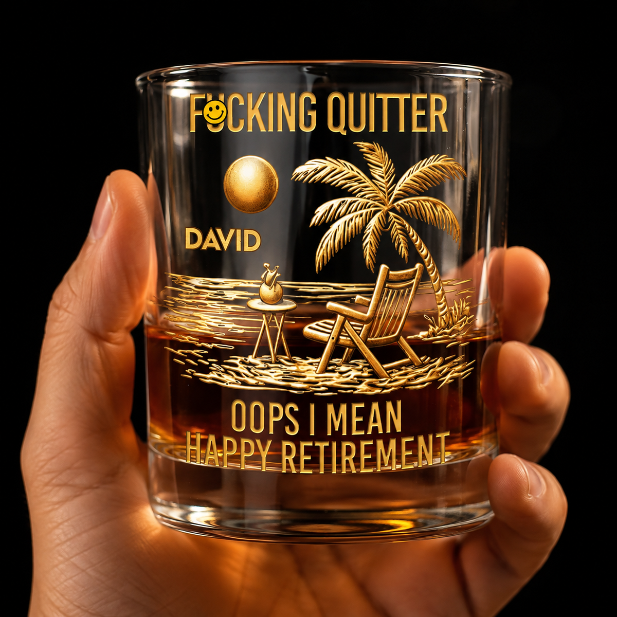 Funny retirement gift for coworker from SipEngrave, a whiskey glass reading Quitter, I Mean Happy Retirement