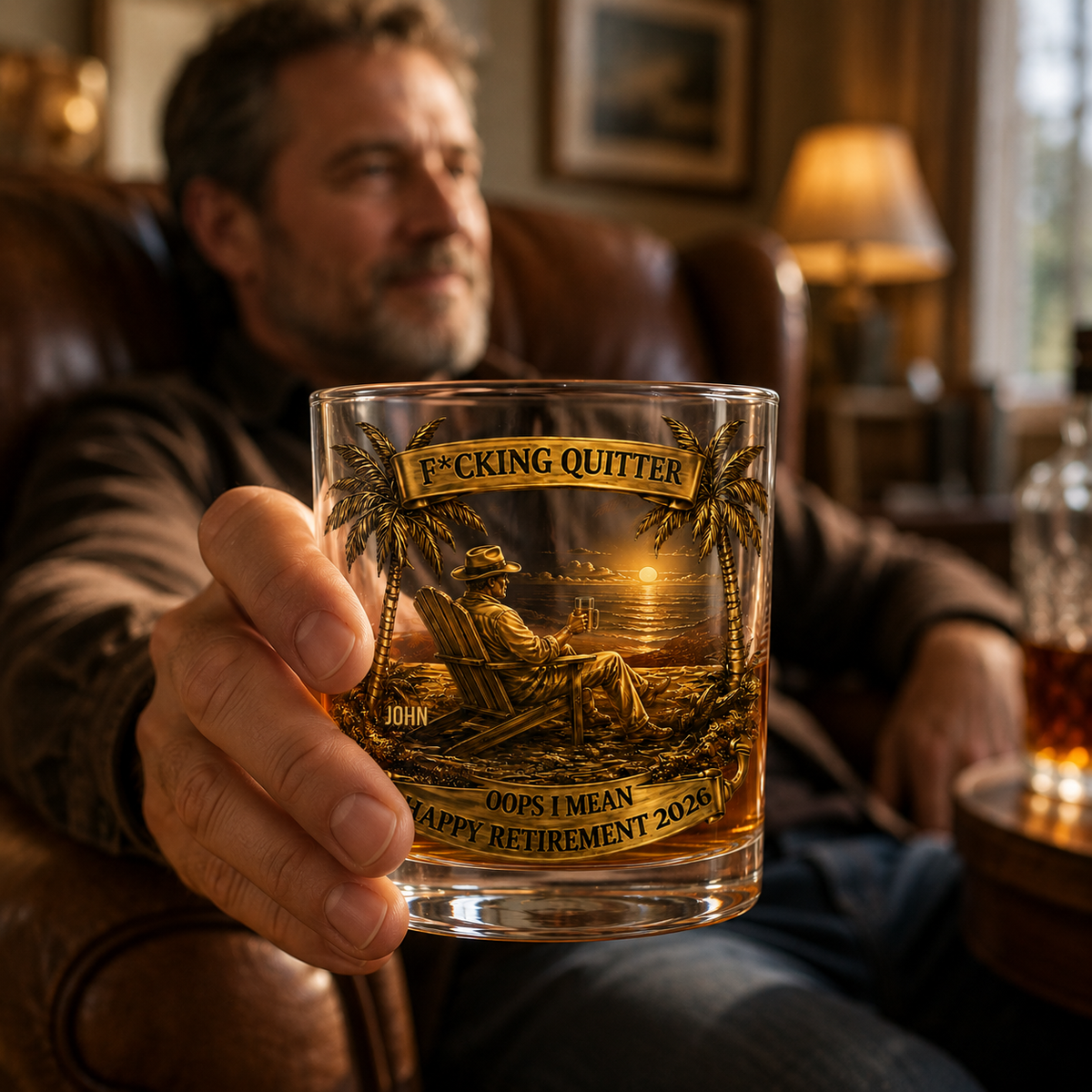 Funny retirement whiskey glass held by a man on a sofa, personalized retirement gift for grandpa