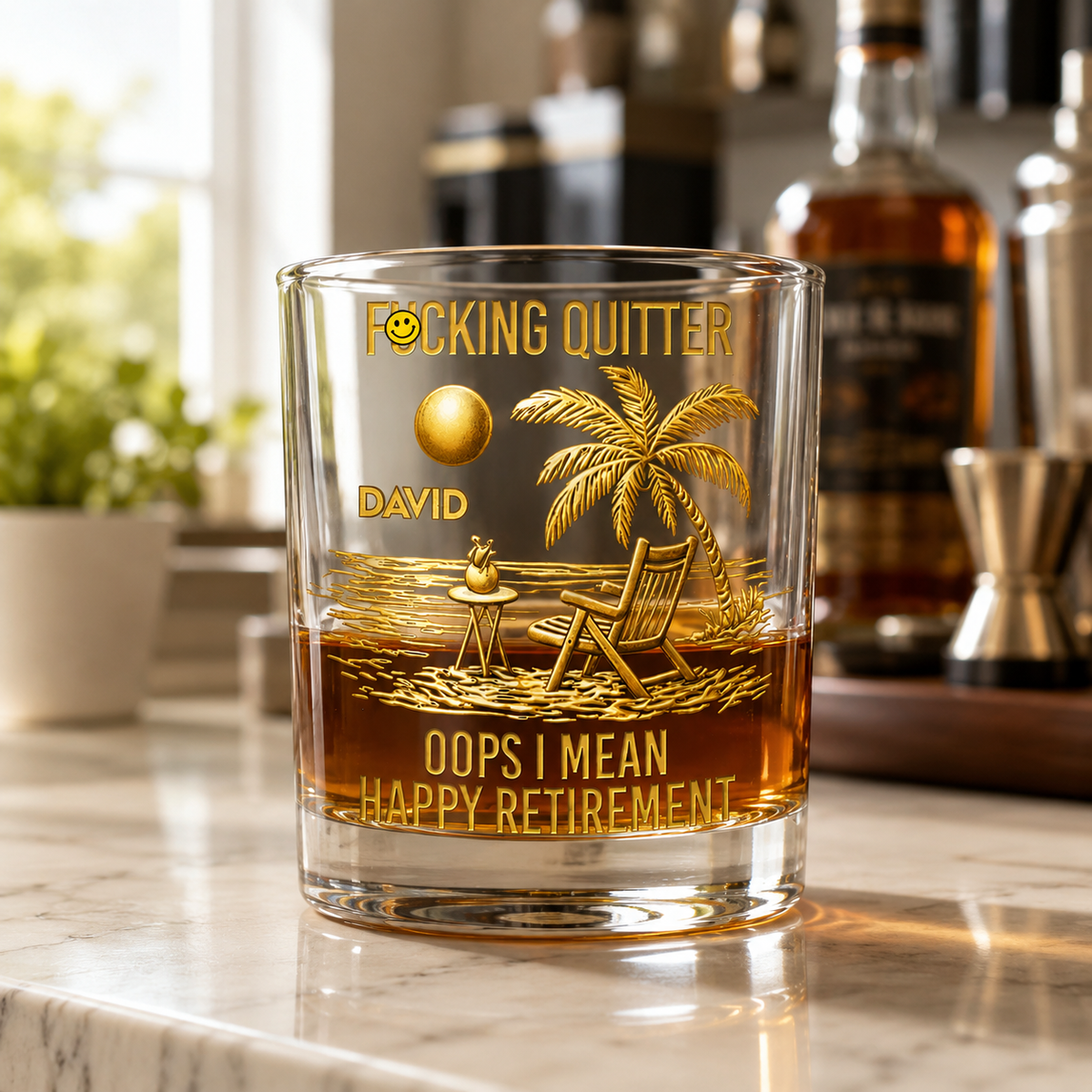 Funny retirement whiskey glass for men with gold beach design, personalized David name and Happy Retirement message on a bright home bar