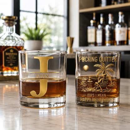 Funny retirement whiskey glass gift for coworker on a modern home bar by SipEngrave