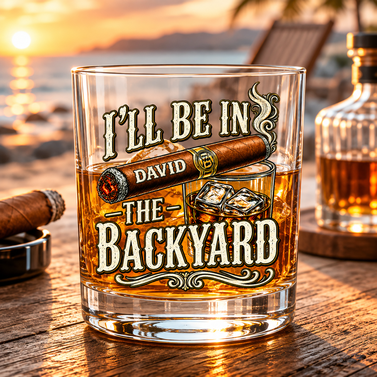 Funny whiskey glass for men held by an older man with personalized David backyard design