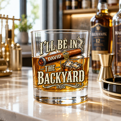 Funny whiskey glass for men with personalized David cigar design on a bright modern home bar