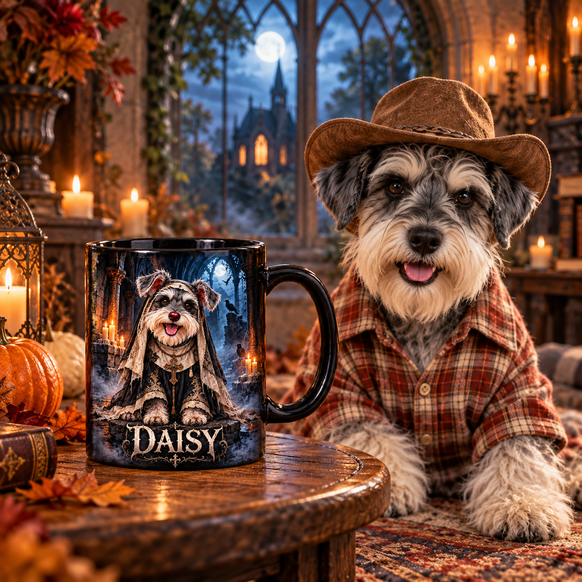 Daisy in a cowboy hat beside a custom Ghostly Abbey Sister dog portrait mug on a round table