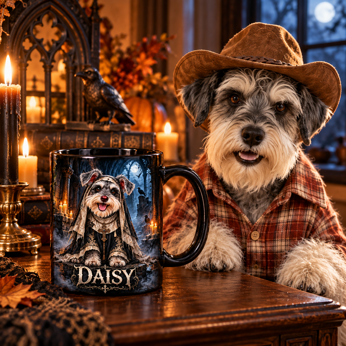 Daisy beside a personalized black ceramic dog photo mug with the Ghostly Abbey Sister Halloween design