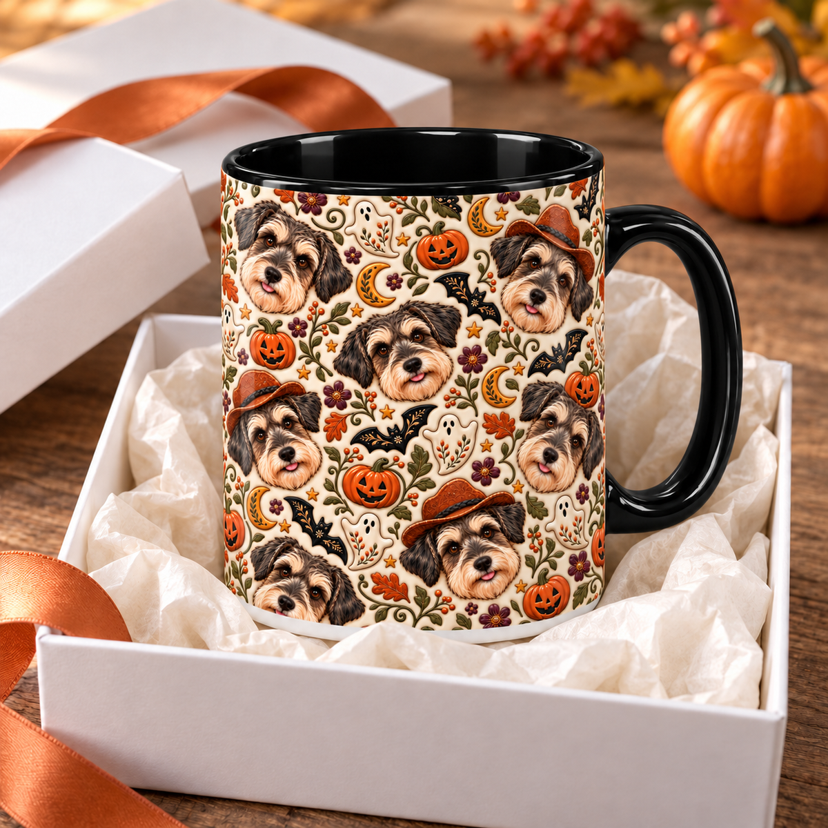 Black accent Halloween dog portrait mug styled in a white gift box with tissue paper and orange ribbon