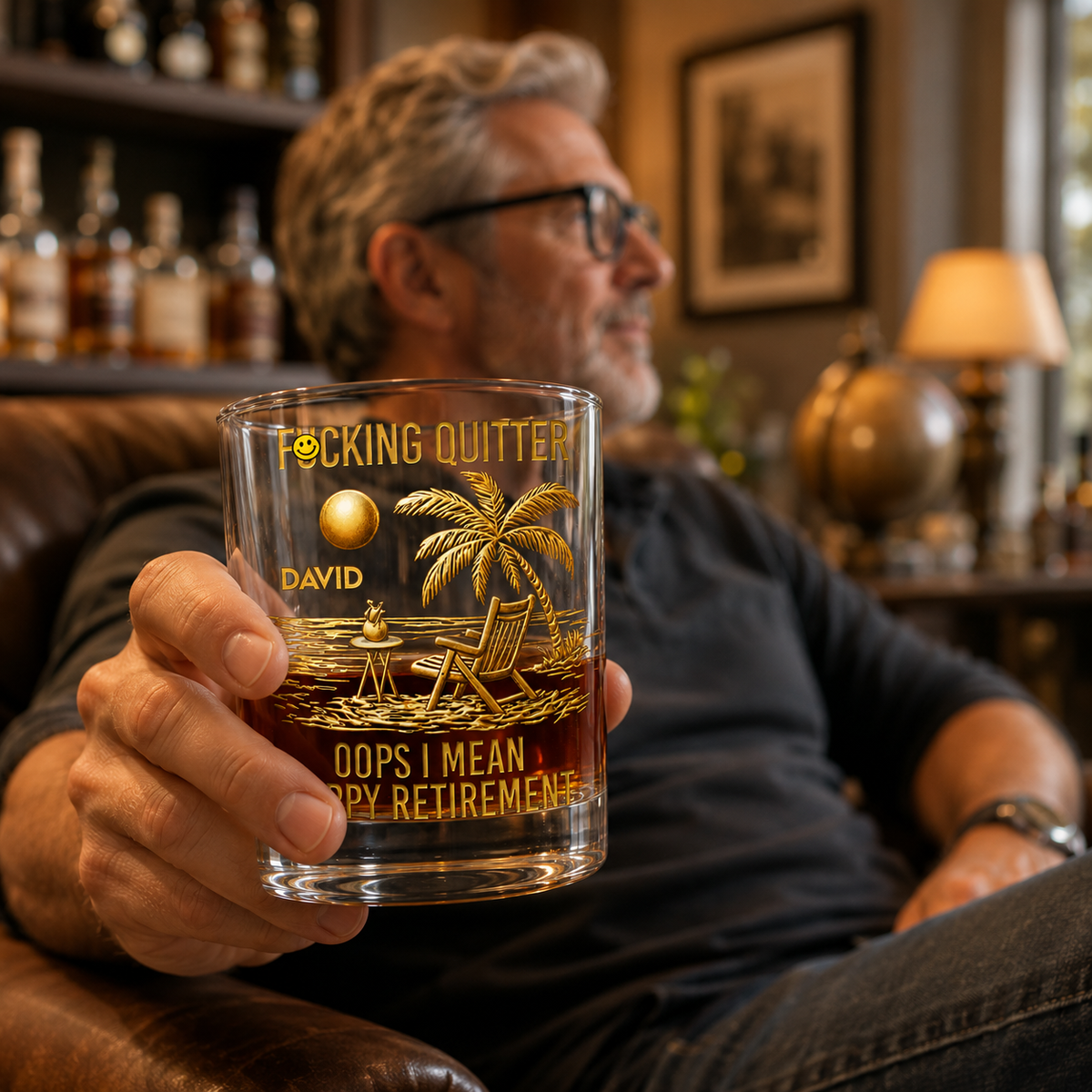 Man holding a personalized retirement whiskey glass while relaxing in a chair, featuring gold beach artwork and Happy Retirement message