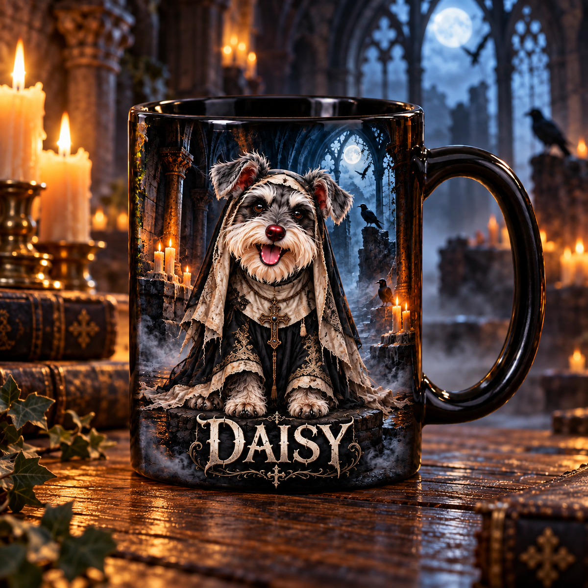 Personalized dog portrait mug on a candlelit abbey table, showing the Ghostly Abbey Sister design