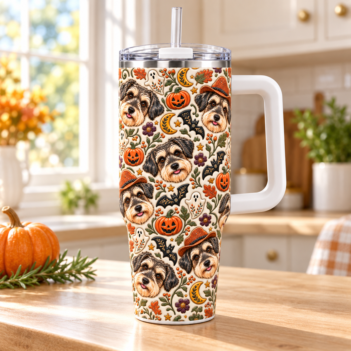 Personalized Halloween dog portrait tumbler with clear lid and straw on a sunny kitchen counter