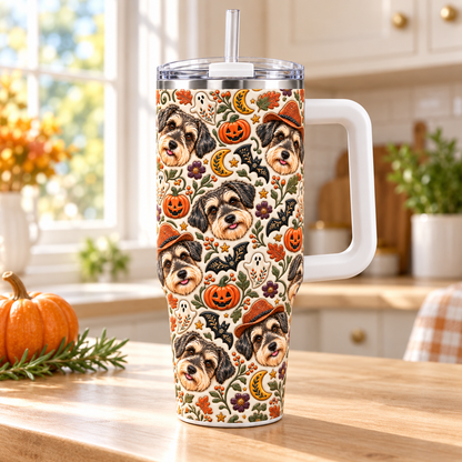Personalized Halloween dog portrait tumbler with clear lid and straw on a sunny kitchen counter