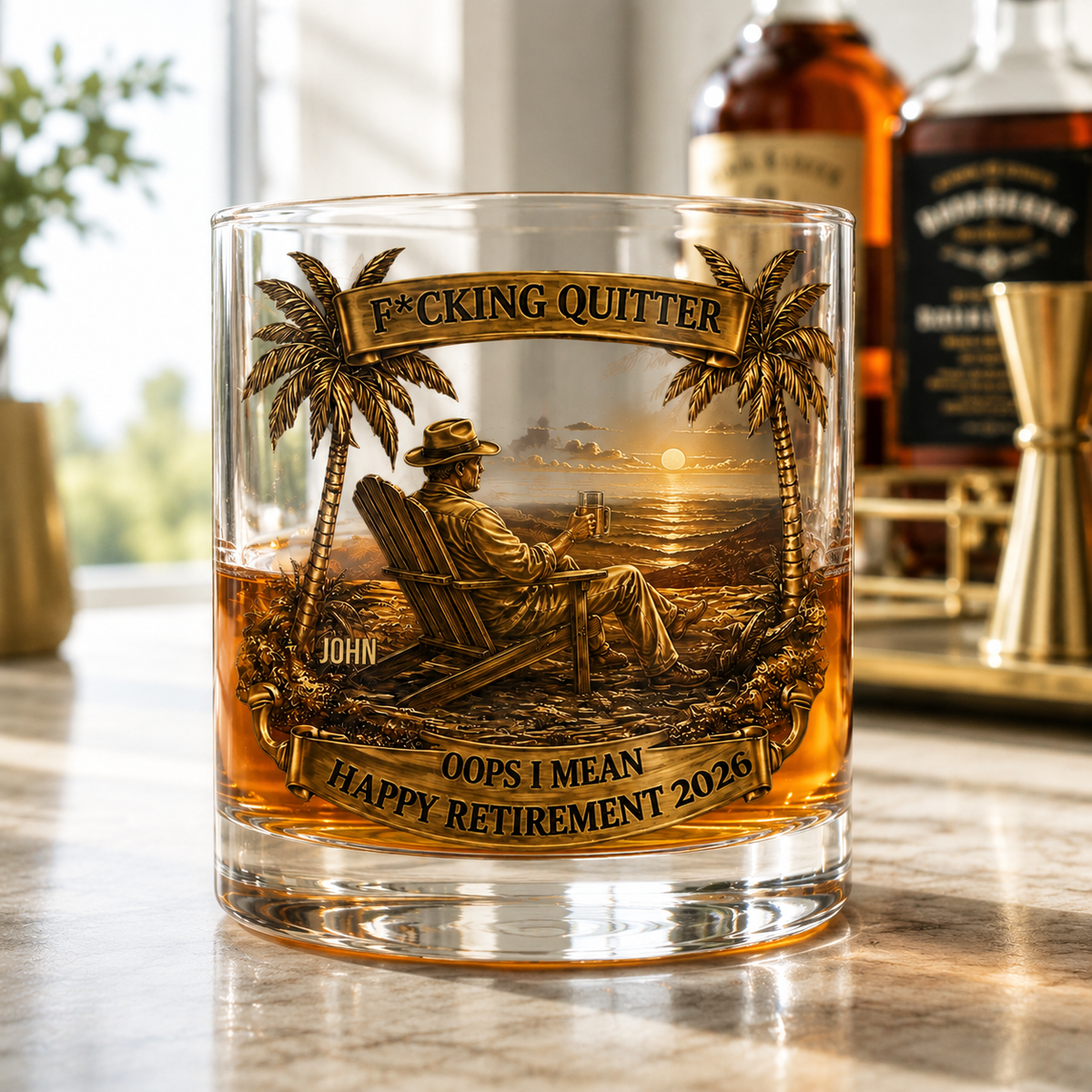 Personalized retirement whiskey glass on a modern home bar, funny gift for grandpa and men