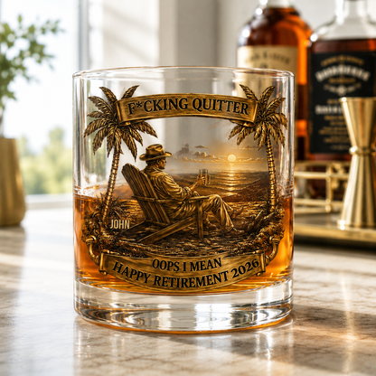 Personalized retirement whiskey glass on a modern home bar, funny gift for grandpa and men