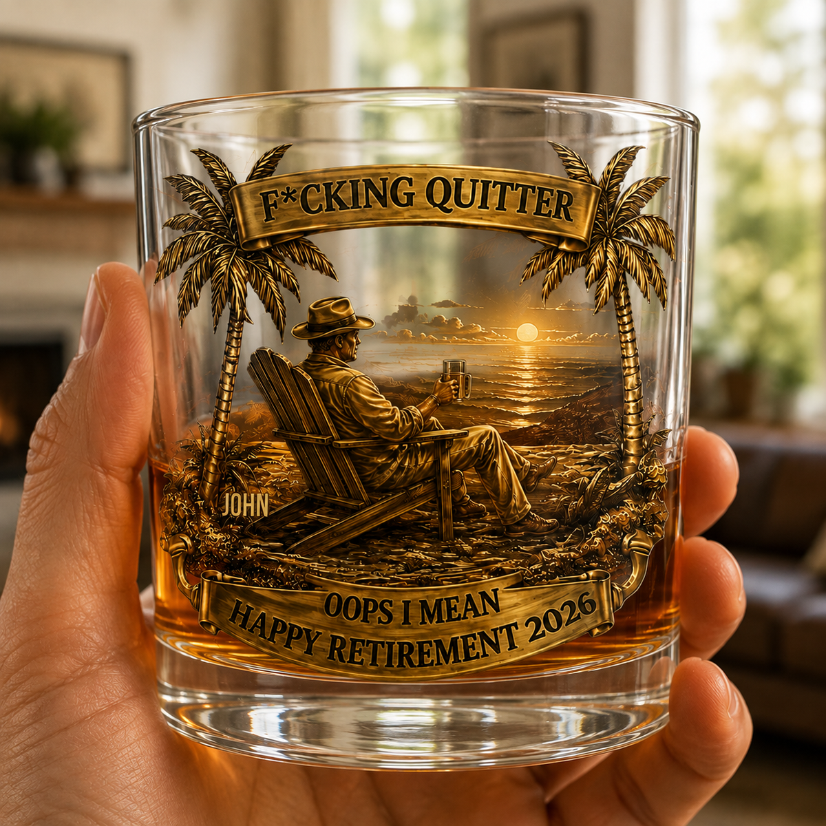 Personalized whiskey glass held by hand in a cozy home, funny retirement gift for grandpa