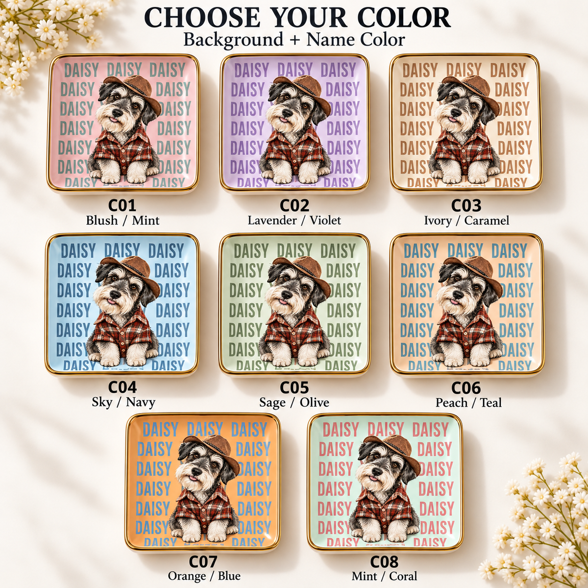 Eight background and name color combinations C01 to C08 for personalized pet jewelry dishes