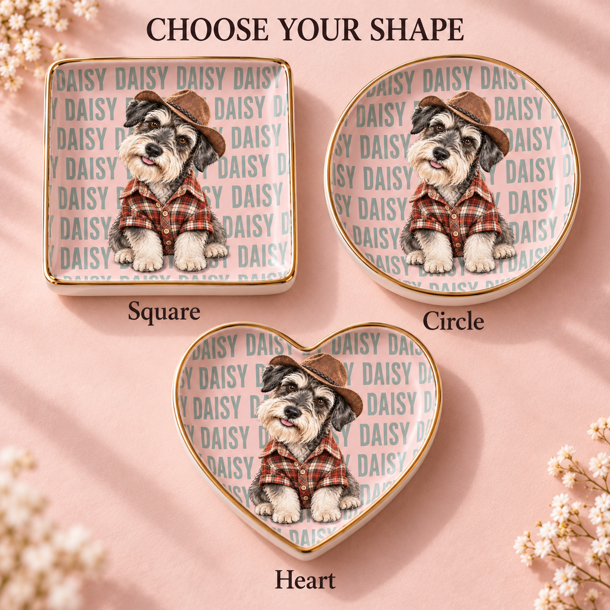 Personalized pet jewelry dish available in Square Circle and Heart shapes