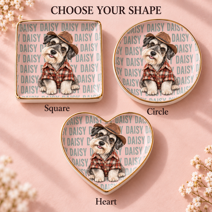 Personalized pet jewelry dish available in Square Circle and Heart shapes