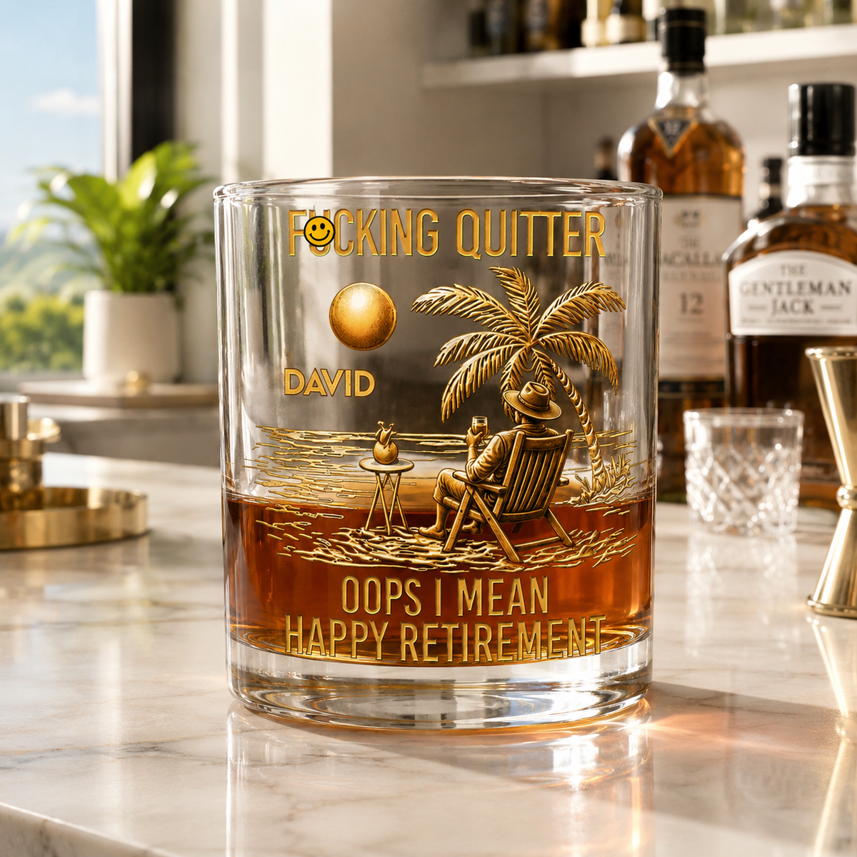 Personalized retirement gift whiskey glass for boss in bright modern home bar, funny boss retirement gift, SipEngrave