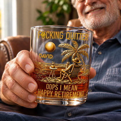 Personalized retirement gift whiskey glass held by older man on sofa, funny boss retirement gift, whiskey glass gift for retiree, SipEngrave