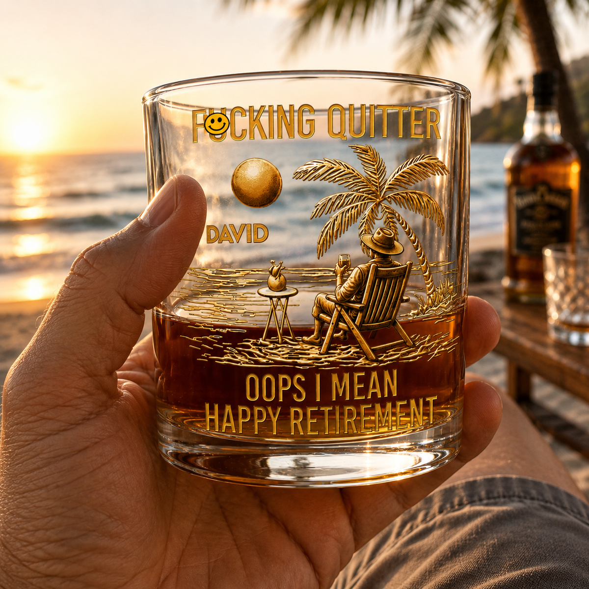 Personalized retirement gift whiskey glass held by hand at beach sunset, funny retirement gift for boss, SipEngrave