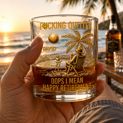 Personalized retirement gift whiskey glass held by hand at beach sunset, funny retirement gift for boss, SipEngrave