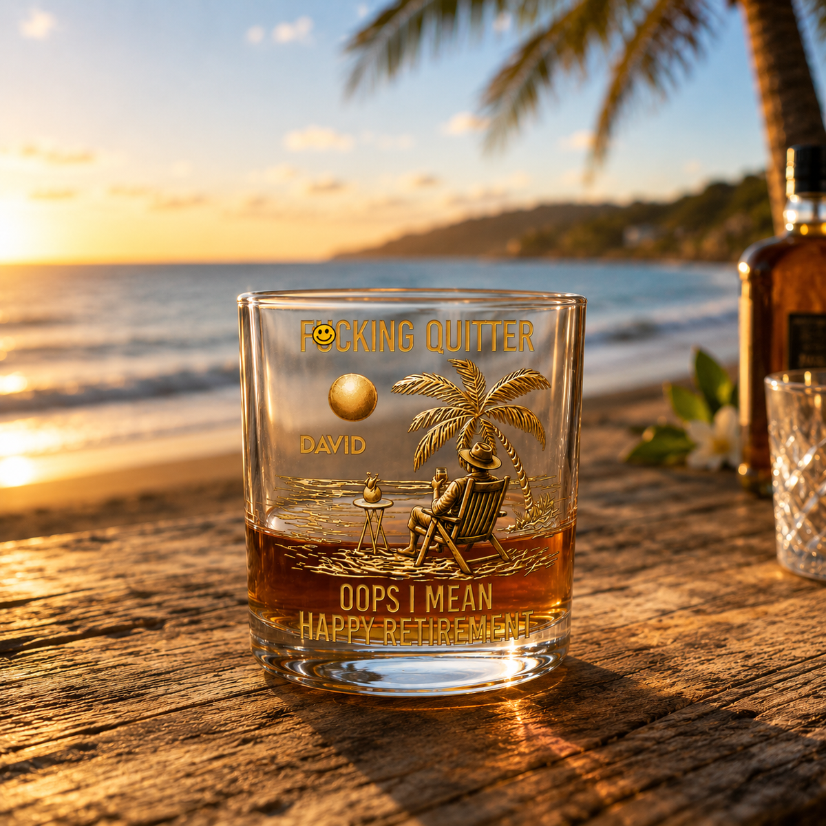 Personalized retirement gift whiskey glass on beach table at sunset, funny retirement gift for boss and men, SipEngrave