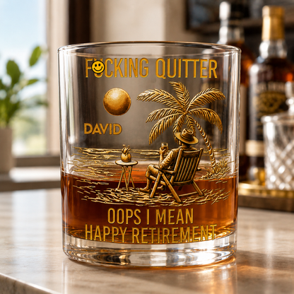 Personalized retirement whiskey glass for boss, funny retirement gift for men, close-up home bar lifestyle, SipEngrave